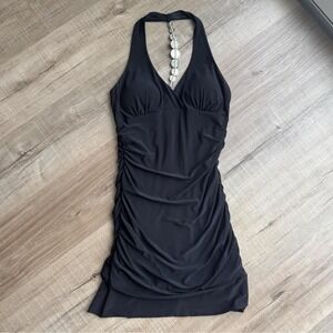 Y2K Taboo Dress Women's Size Medium Black Halter Beaded Bodycon Ruched Club LBD